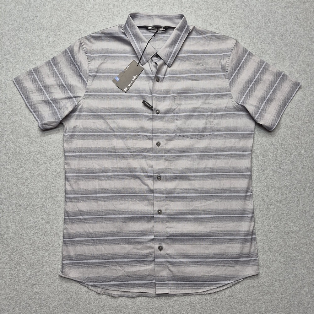 NWT Travis Mathew Shirt Mens M Gray Striped Short Sleeve Button Up Cotton